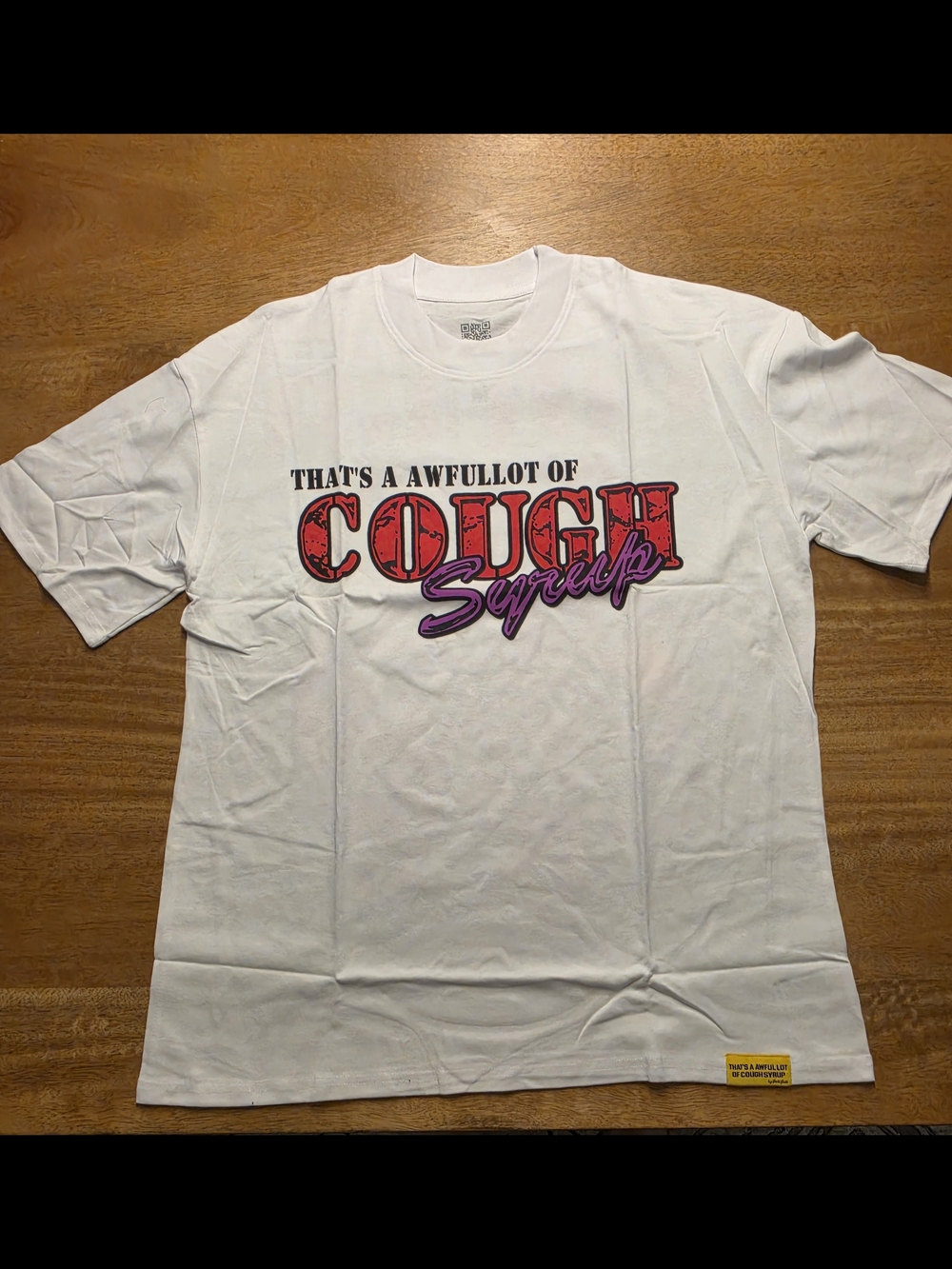Men's White Short-Sleeve Graphic Tee with Red & Purple 'Cough Syrup' Print